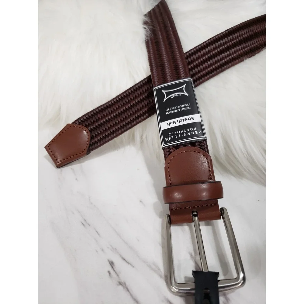 NEW Perry Ellis Portfolio Men's Stretch Braided Belt Brown Size MEDIUM prep golf